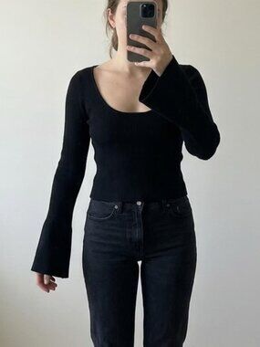 Black Bell Sleeve Ribbed Long Sleeve Top